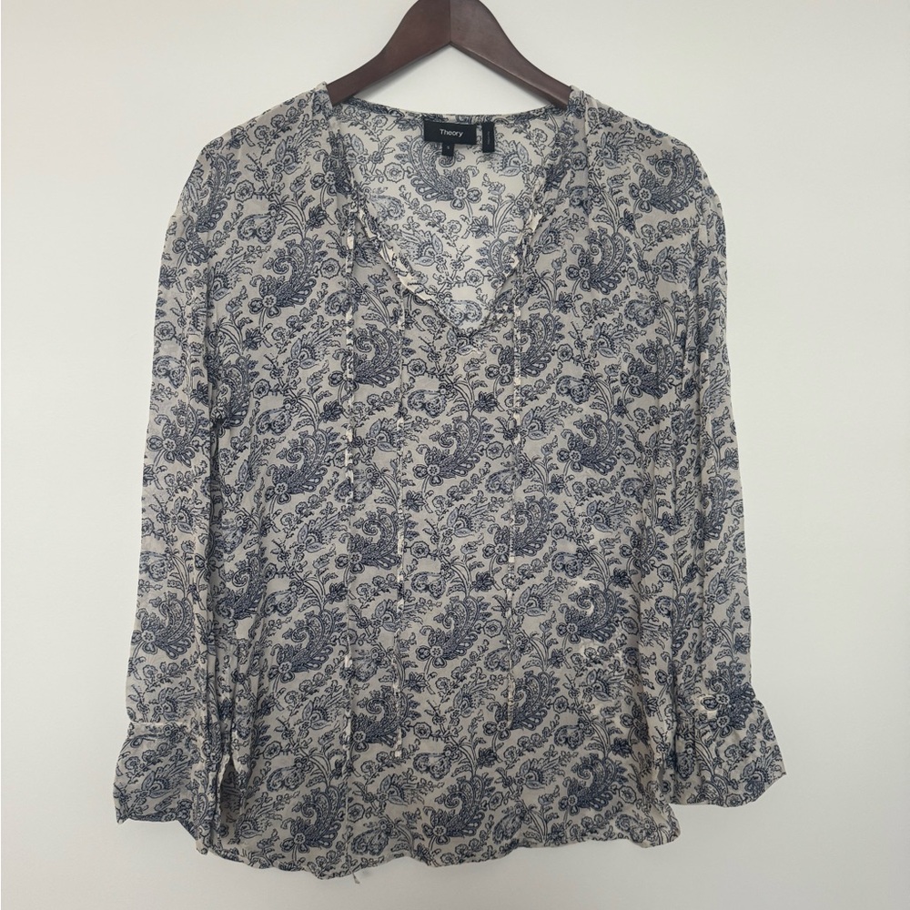 Theory Relaxed Blue and White Long Sleeve Blouse